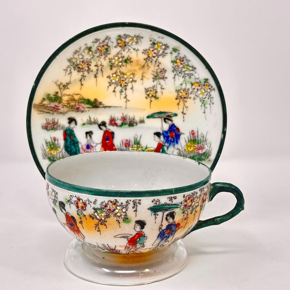 Japanese Geisha Girl Porcelain Teacup and Saucer #6 Hand Painted Green Trim Set